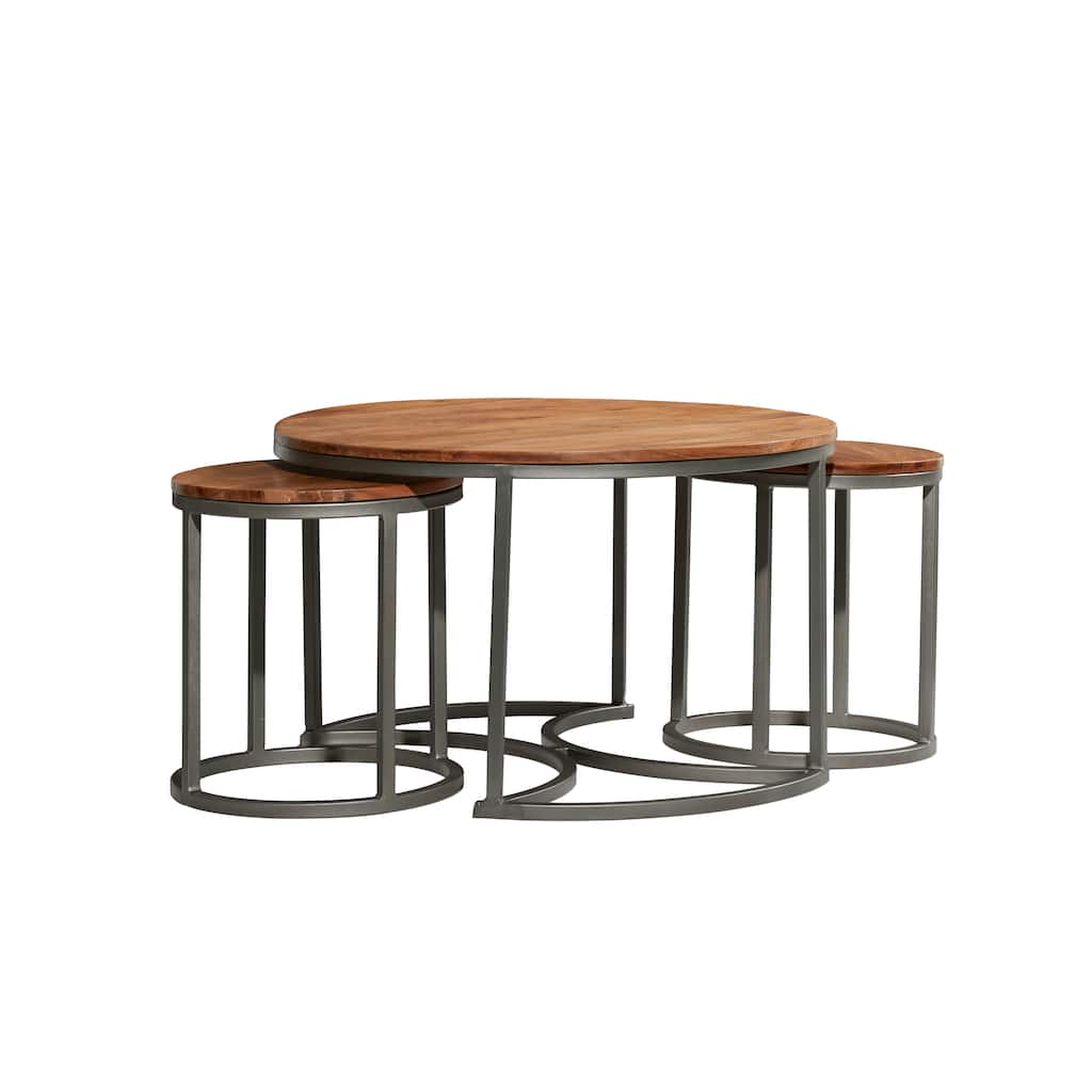 Wood Nesting Coffee Table with Grey Metal Base - Set of 3 Brown - Roche River Decor - 32"W x 32"L x 19"H