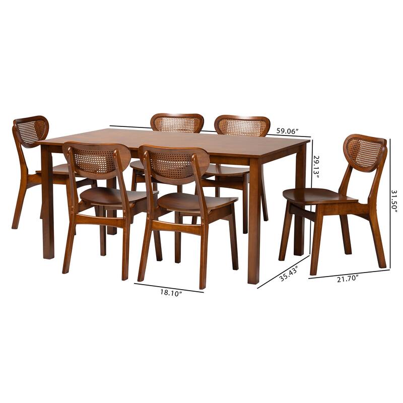 Jeriah Mid-Century Modern Wood and Woven Rattan 7-Piece Dining Set
