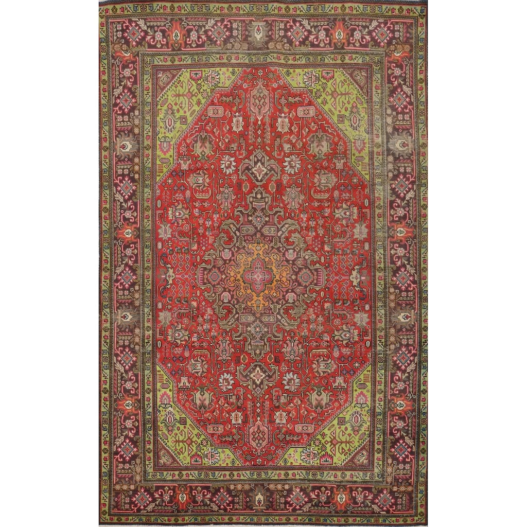 Hand Knotted Oriental 100% Wool Carpet Traditional Medallion Red Tabriz Area Rug - 9' 11'' X 6' 5''