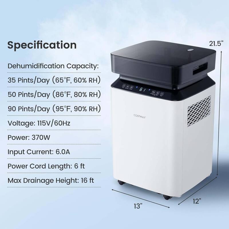 70 Pint Basement Dehumidifier w/ Continuous Auto Mode Large Water Tank
