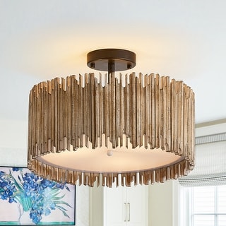 15.5" Farmhouse 3-Light Distressed White Wood Drum Semi-Flush Mount Ceiling Light - 15.5" D x 15.5" W x 10.7" H
