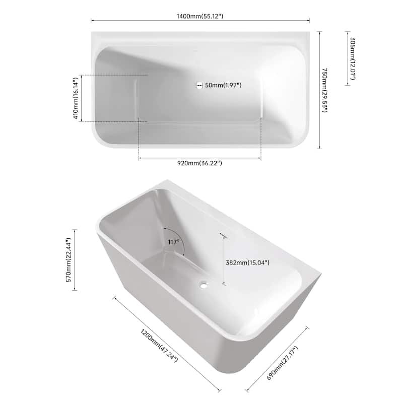 55 in. Freestanding Acrylic Soaking Bathtub, Modern Rectangle Design with Included Drainer
