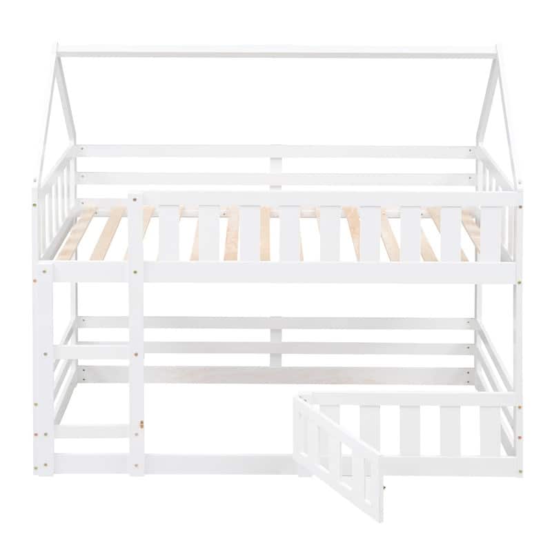 Wooden Twin over Twin House Bunk Bed with Fence and Door