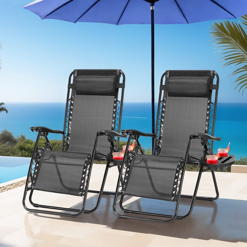 Set of 2 Zero Gravity Recliner Lounge Chairs with Cup Holders, Folding Patio Camping Beach Chairs for Outdoor Relaxation - Black
