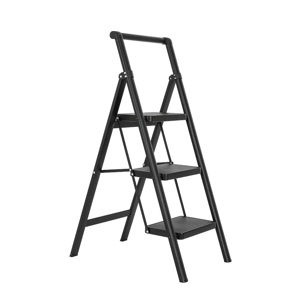 Black 3 Step Stool Folding Step Stool with Handrails