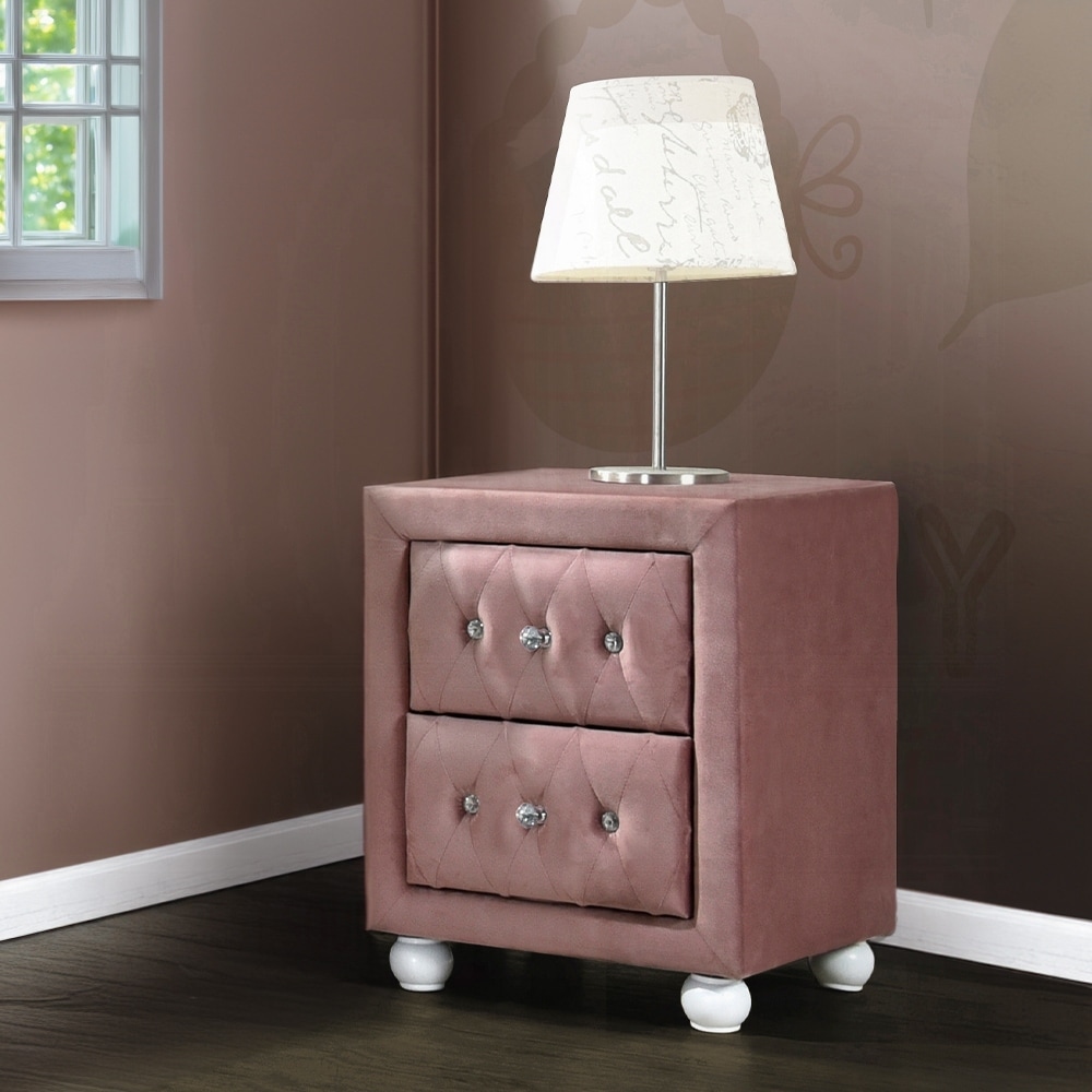 Fabric Upholstered Nightstand, Living Room Side Table with 2 Storage Drawers, Wooden Coffee Table with Rounded Legs