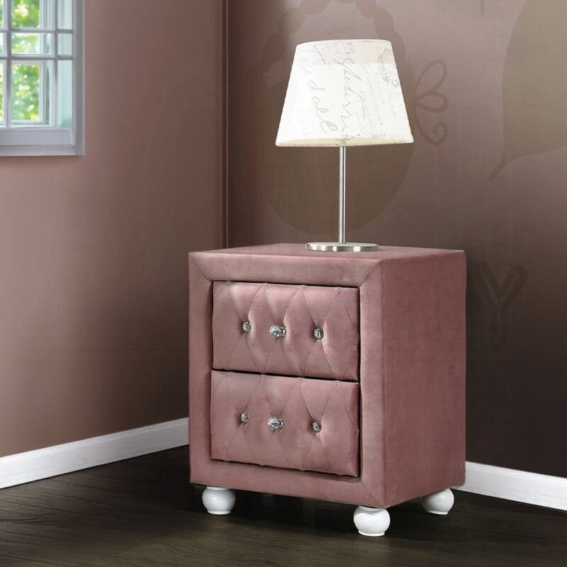 Pink Fabric Upholstered Nightstand with Crystal Knobs - Pink