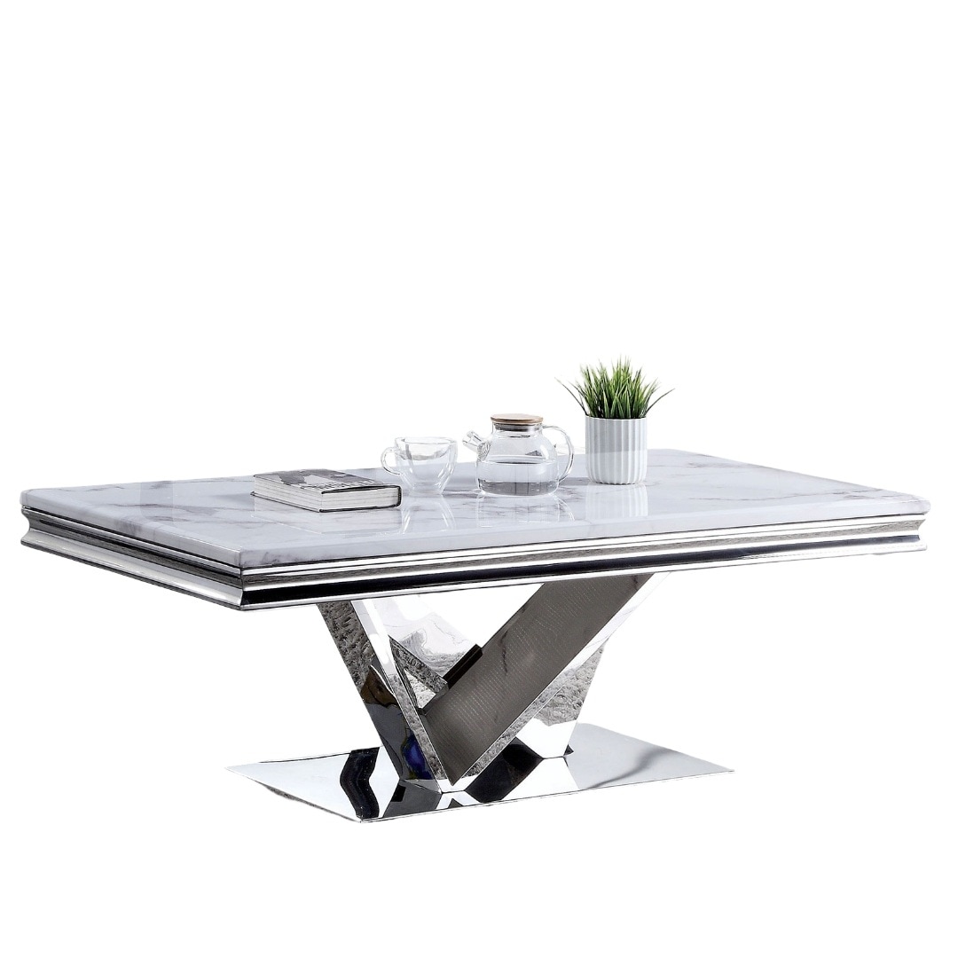 Modern Glam Coffee Table Faux Marble Top Rectangular V-Shape Pedestal Base Metal