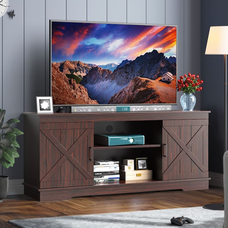 Farmhouse TV Stand for 65 Inch TV Media Console Entertainment Center Rustic Barn Doors - Espresso