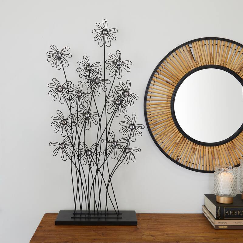 Artistic Metal Tall Floral Sculpture with Crystal Embellishments - Black or Gold - Black - 16"W, 40"H