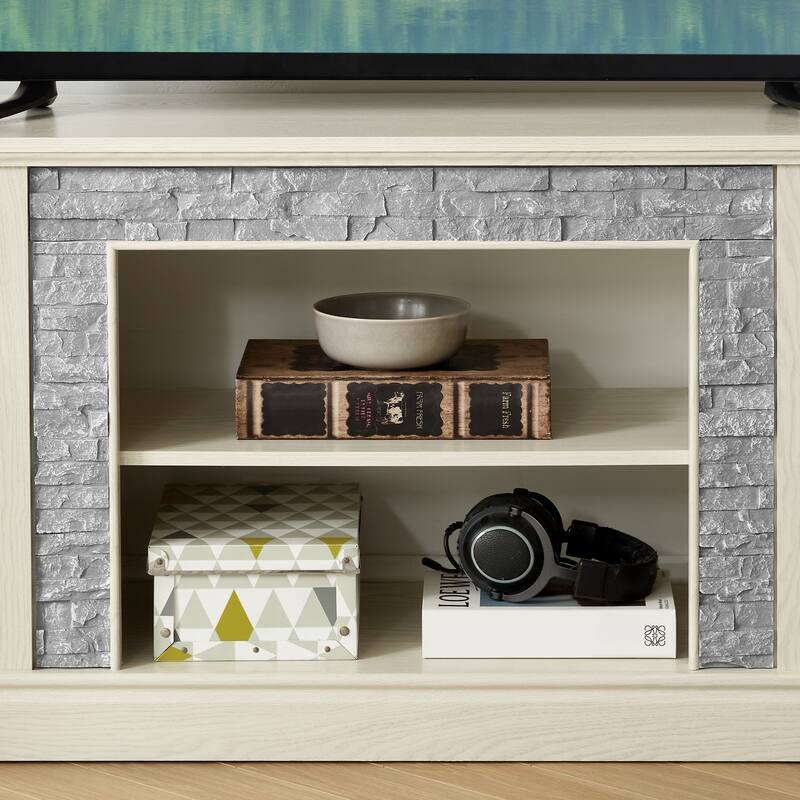 GDFStudio Alice Wood 70" TV Stand with Faux Stone Surround and 2 Door Storage