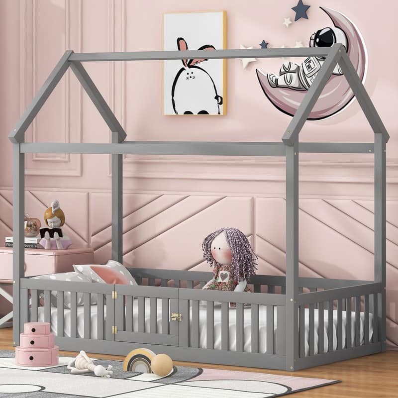 Twin Size Wood House Bed with Fence and Door, Kids Bed