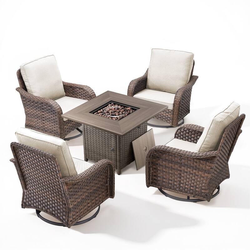 Cavira 5-Piece Brown Wicker Patio Fire Pit Set with 4 Swivel Glider Chairs