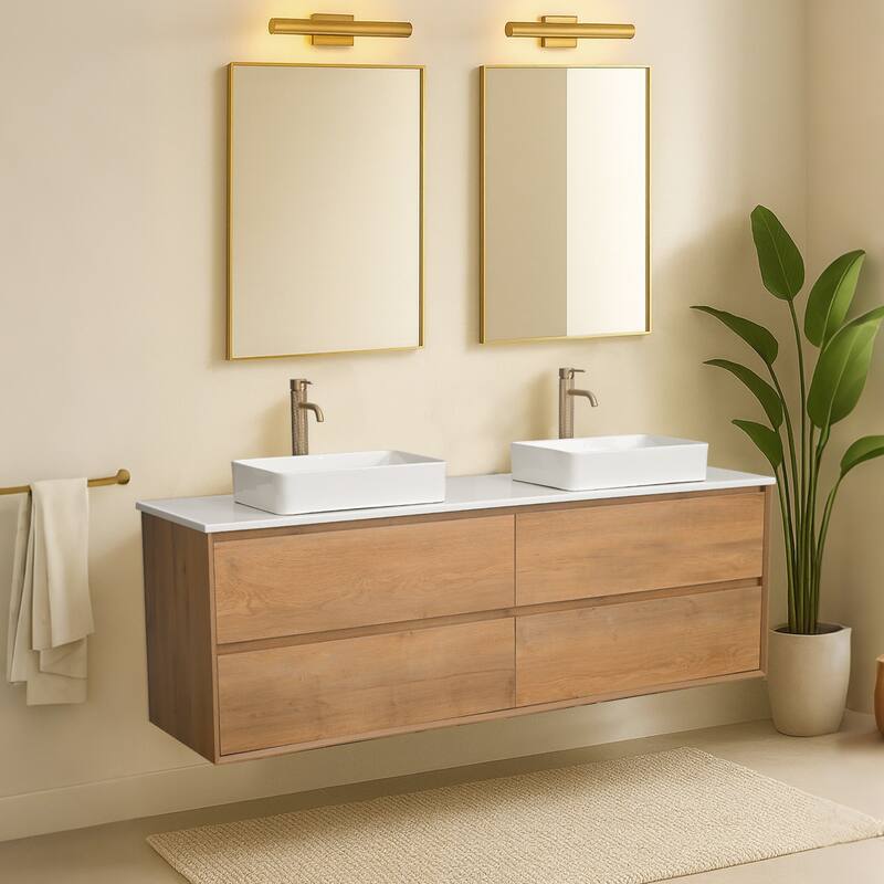 72" Floating Bathroom Vanity Quartz Counter Top with Double Ceramic Vessel Sink - Square Sink