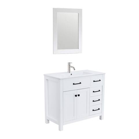 Single Sink Bath Vanity in White with White Ceramic Top With Ceramic Basin and Mirror