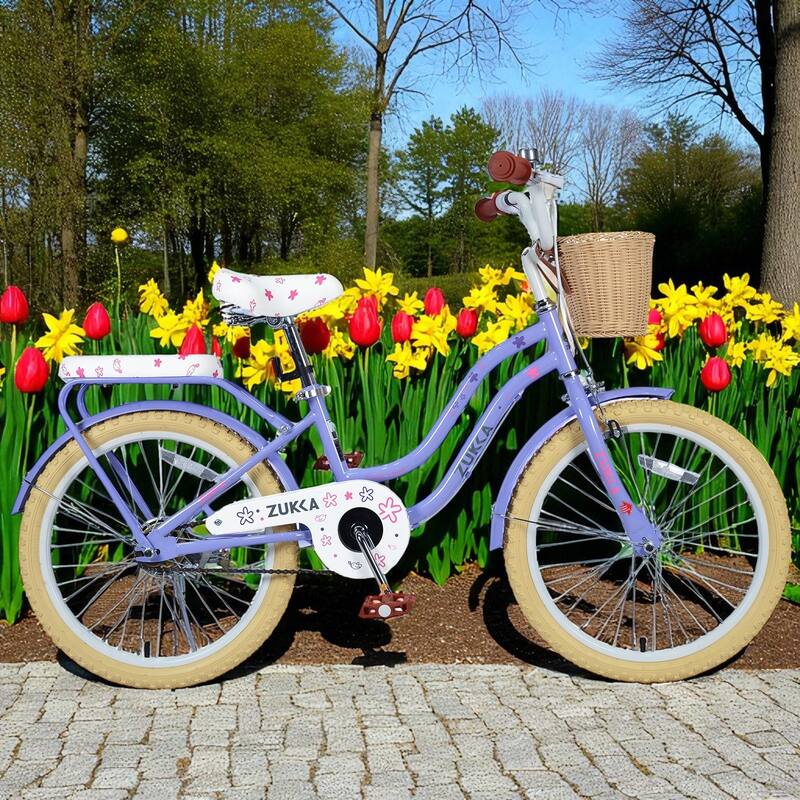 Girls 20 Inch Bike with Basket, Steel Frame, Front & Rear Brakes, For Kids Ages 7-10, No Training Wheels