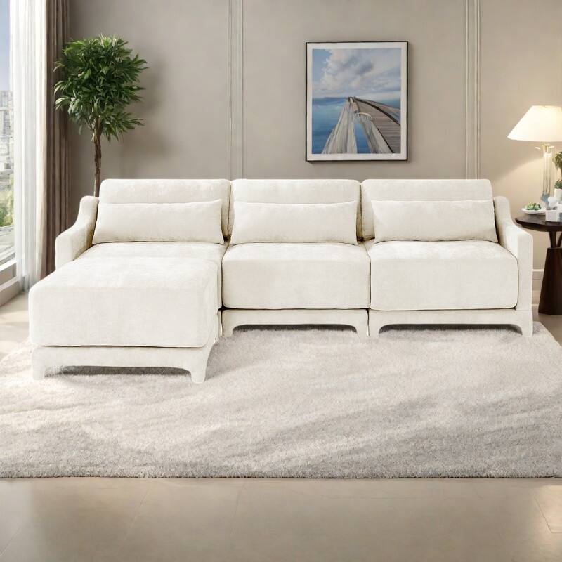 105.9" Chenille 3-Seater Sofa with 2 Movable Ottomans, High-Resilience Sponge and Solid Wood Base - Beige