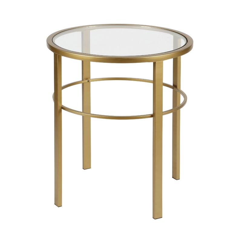Clear Glass Round End Table with Steel Base 4 Leg Modern Design - 20” x 20” x 22” (D x W x H) - Brass
