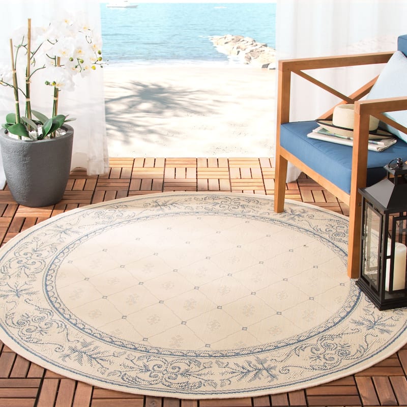 SAFAVIEH Courtyard Hendrina Indoor/ Outdoor Waterproof Patio Backyard Rug - 5'3" Round - Natural/Blue