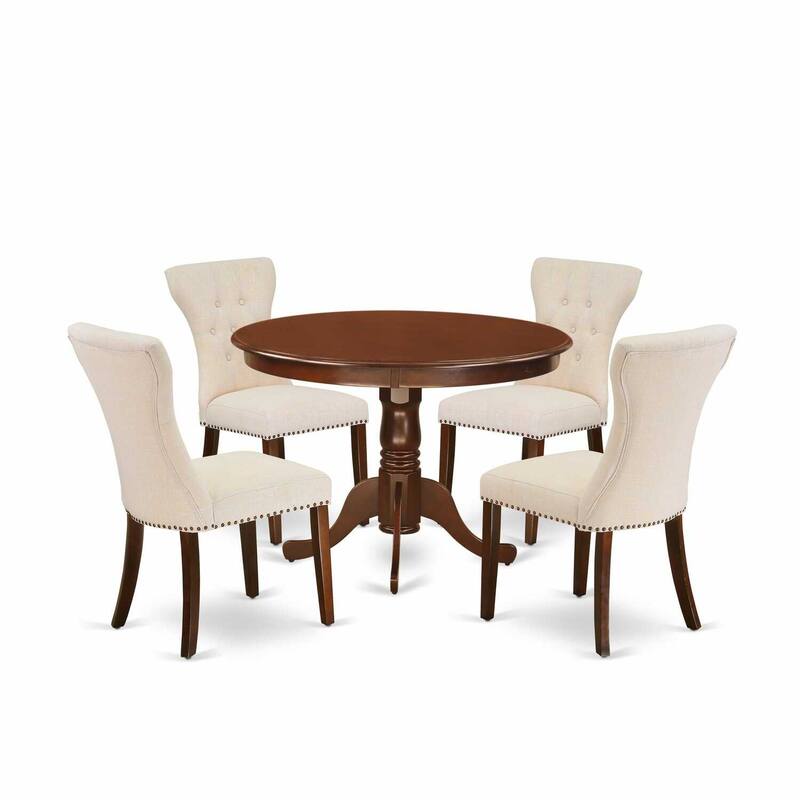 HomeStock 5-Piece Round Mahogany Finish Solid Wood Top Dining Table with 4 Upholstered Chairs with Lattice Back
