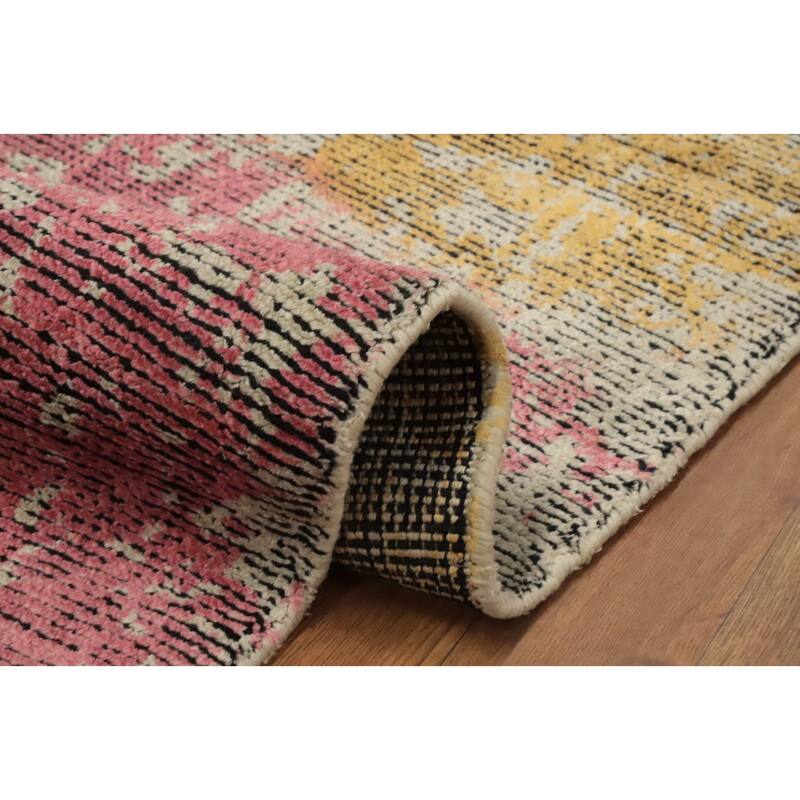 Hand Knotted Oriental Viscose Silk Carpet Modern Abstract Multi-Colored Abstract Runner Rug - 8' 5'' X 2' 10''