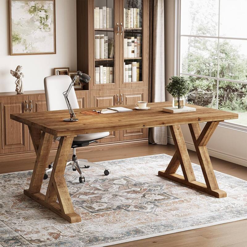 63" Solid Wood Executive Desk for Home Office, Farmhouse Wooden Large Office Computer Desk - Natural Wood