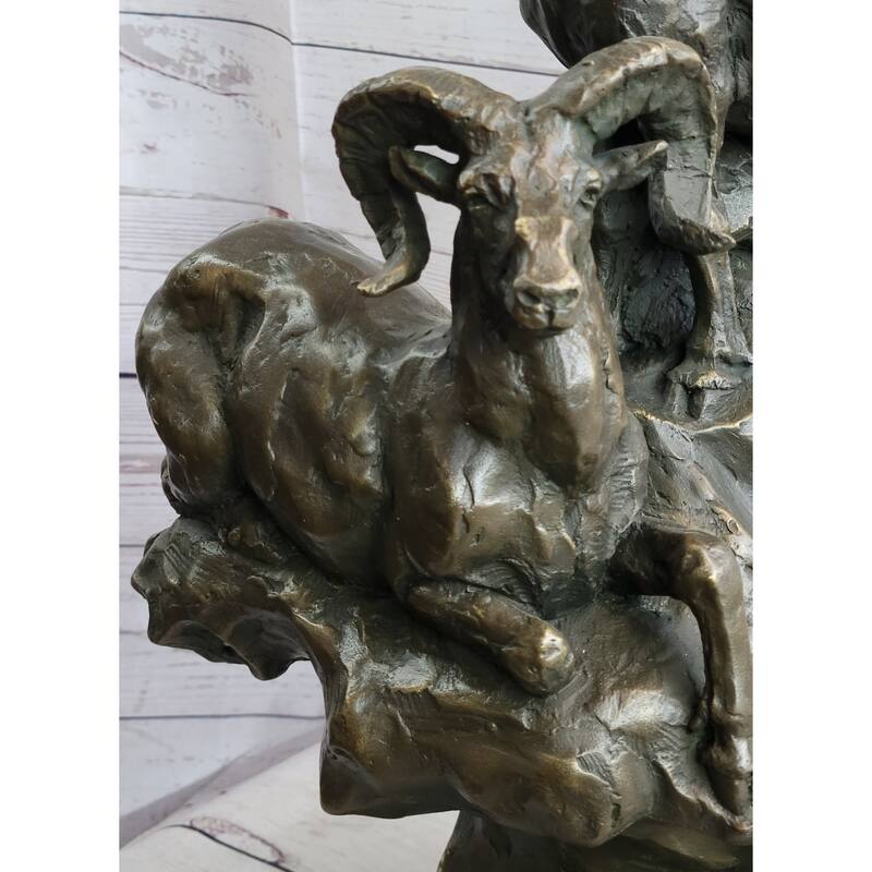 Rams Goats On Rocks Bronze Sculpture Statue Wildlife Art Decor On Marble Base