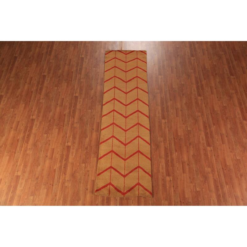 Hand Knotted Oriental 100% Wool Carpet Modern Geometric Oranges & Rust Moroccan Runner Rug - 9' 10'' X 2' 9''