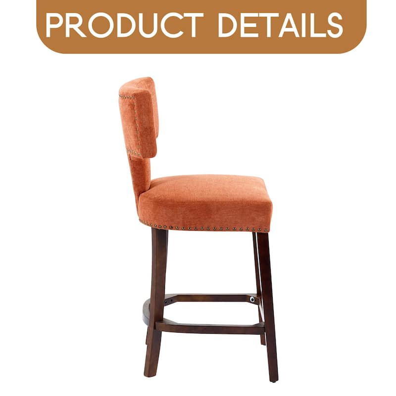 Mid Century Modern Counter Height Bar Stools Set of 2, Farmhouse Linen Fabric Upholstered Accent Chair Curved Backrest