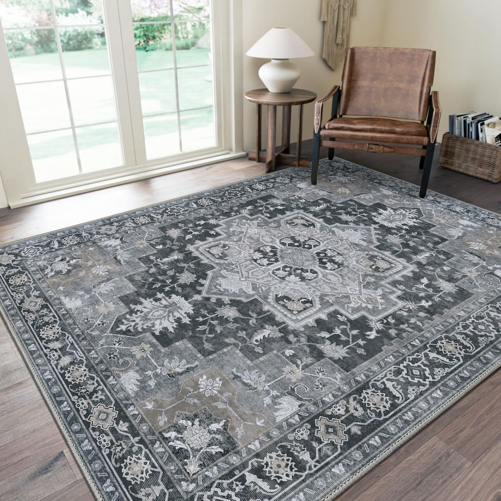 Mcow Grey Floral Low Pile Machine Washable Non-Slip Area Rug