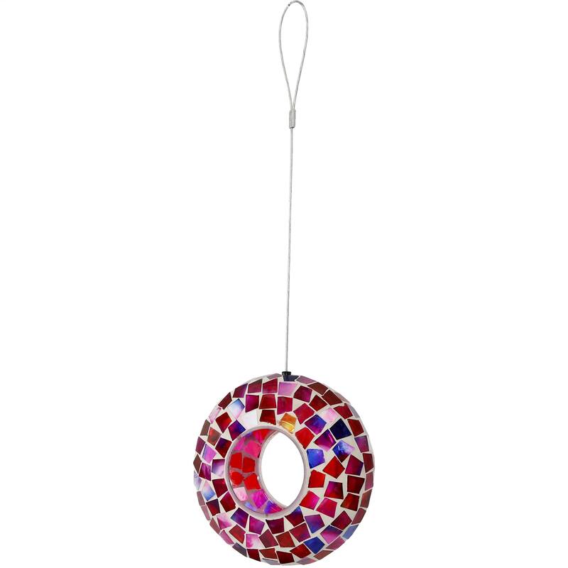 Outdoor Hanging Bird Feeder Crimson Glass Mosaic Fly-Through - 7"