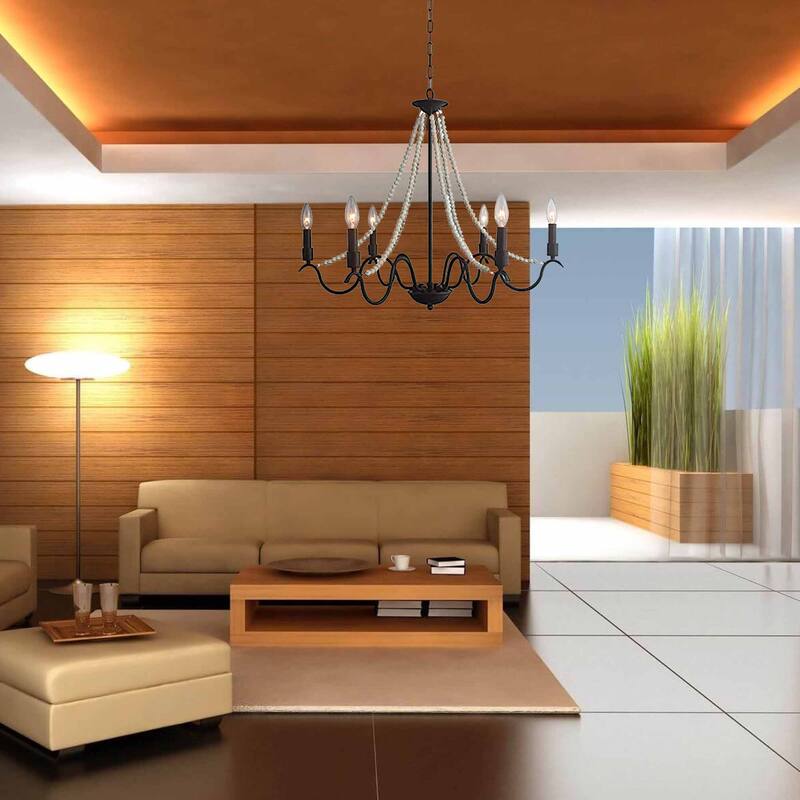6 Light Candle Chandelier in Rustic Finish with white wooden beads