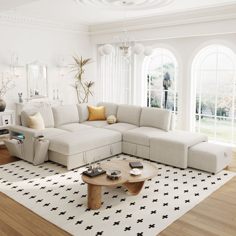 Harper&Bright Designs L-shaped Padded Modular Sofa with Storage Space - Beige