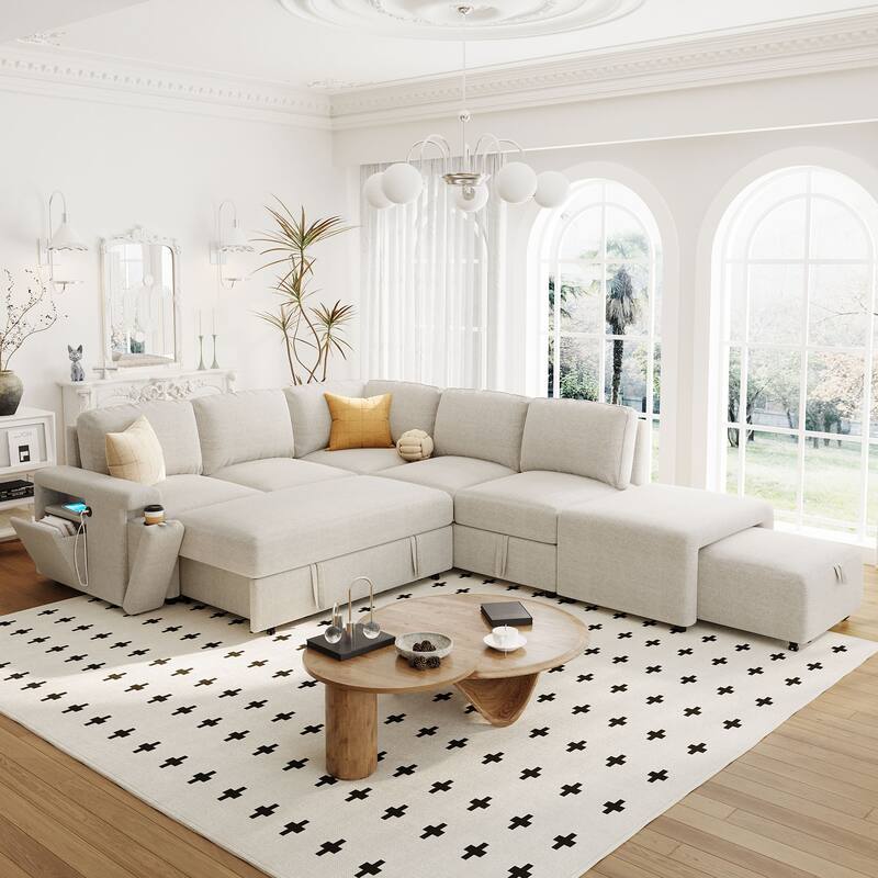 U_STYLE L-shaped Padded Modular Sofa with Storage Space, USB Ports, and Cup Holders on the Armrests, Suitable for Living Rooms,