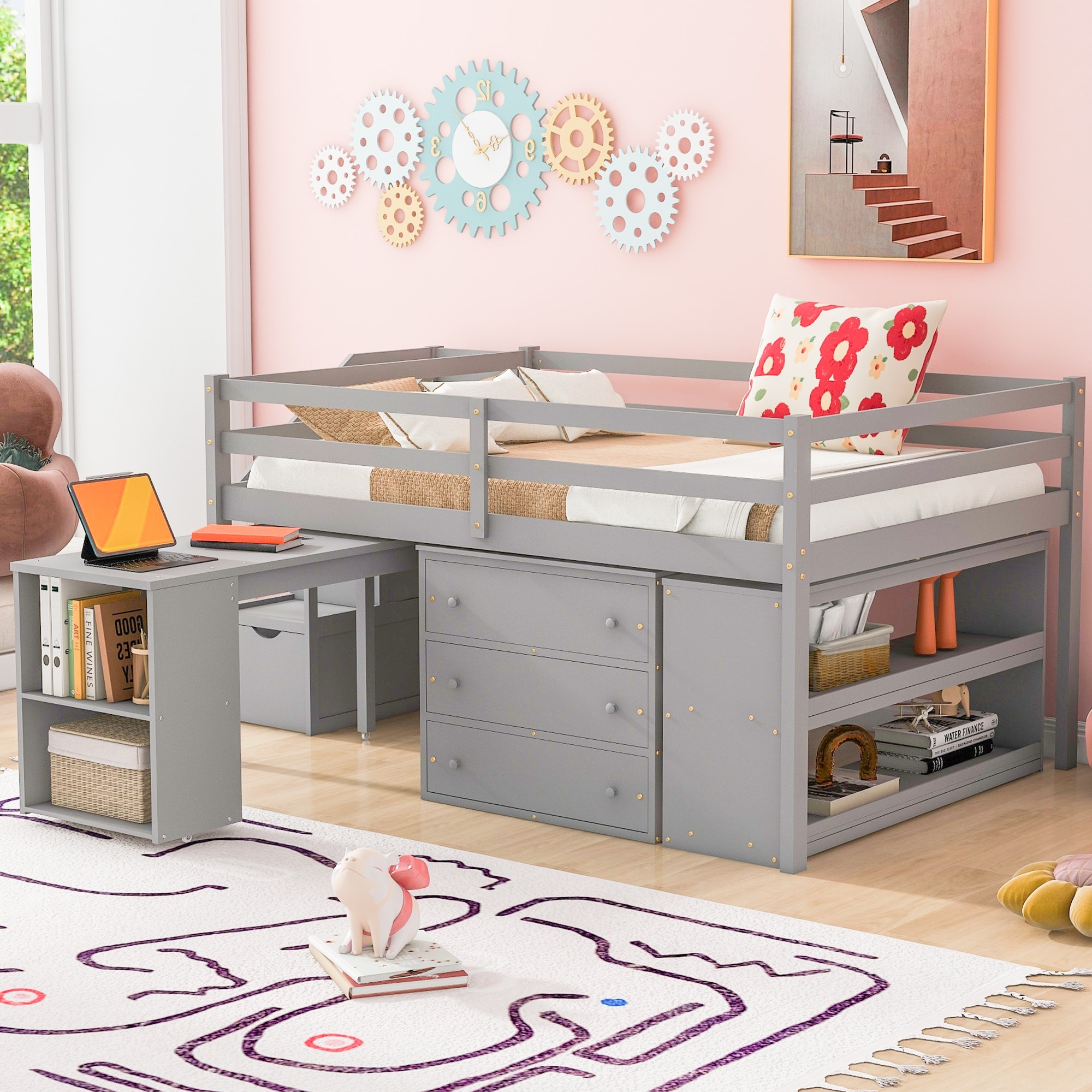 Full Size Loft Bed with Retractable Writing Desk and Three Drawers