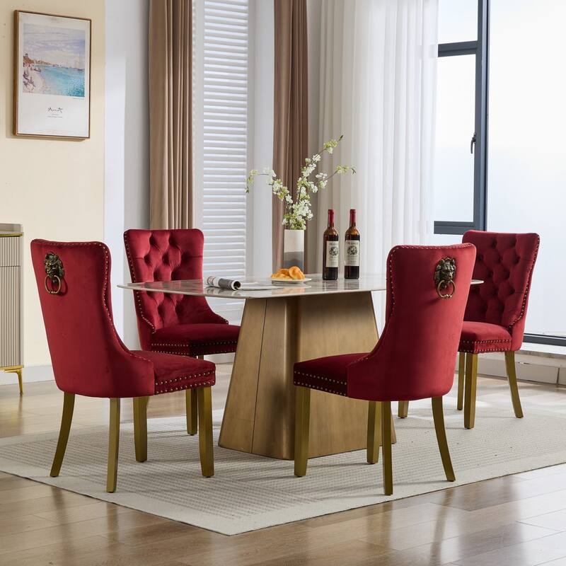 Velvet Dining Chairs Set of 2, Tufted Dining Chairs with Nailhead Trim, Kitchen Chairs with Lion Head Pulls Ring & Wooden Legs