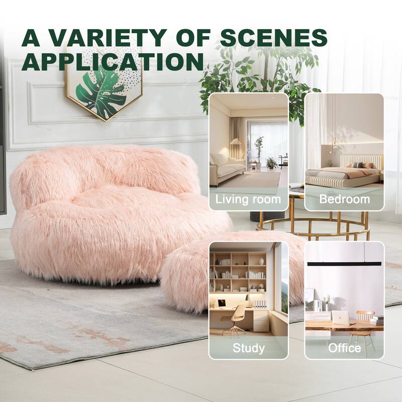 Plush Upholstered Round Comfort Lounger Bean Bag Chair with Ottoman