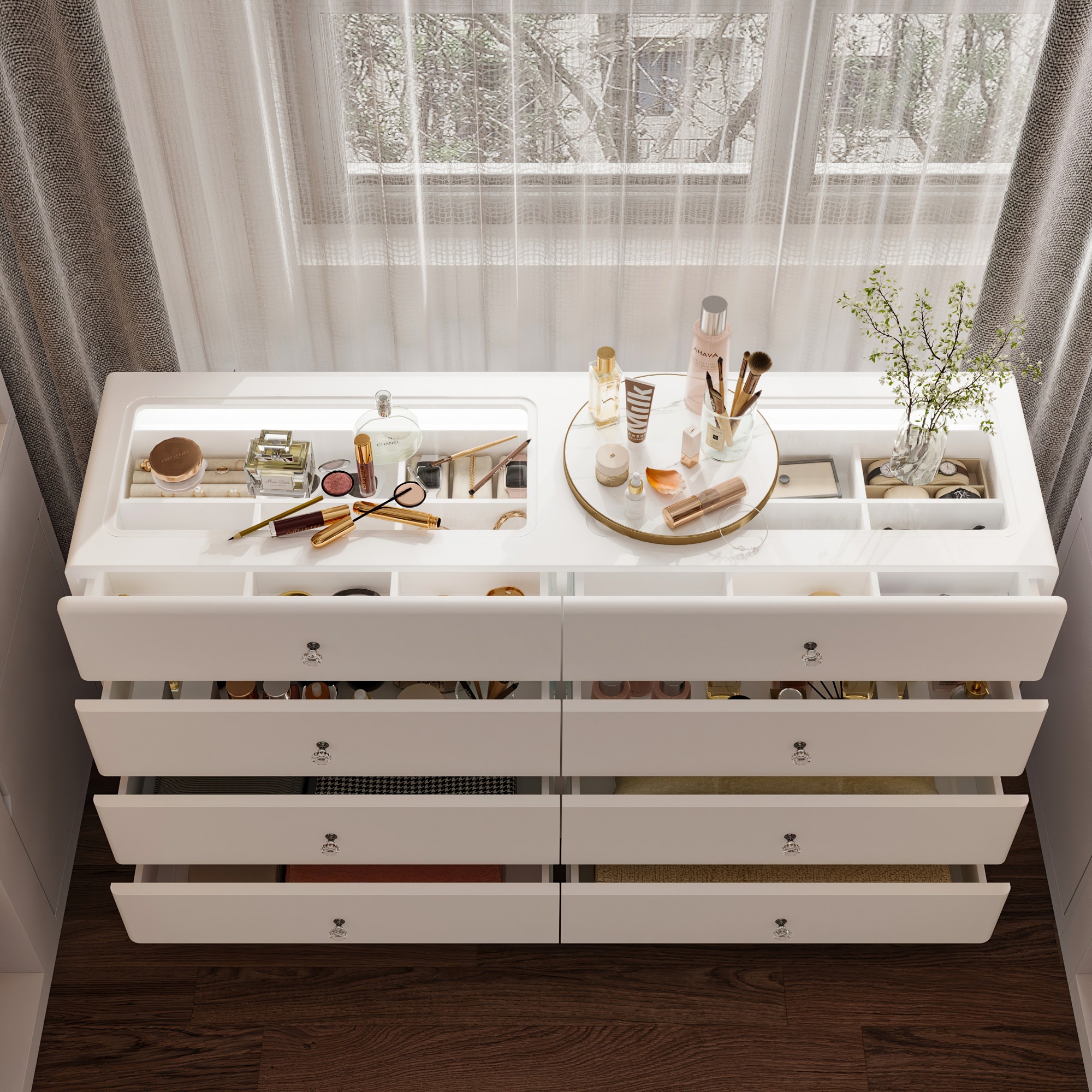 Elegant White 8 - drawer Dresser: Glass Top, Rounded Corners & Tri