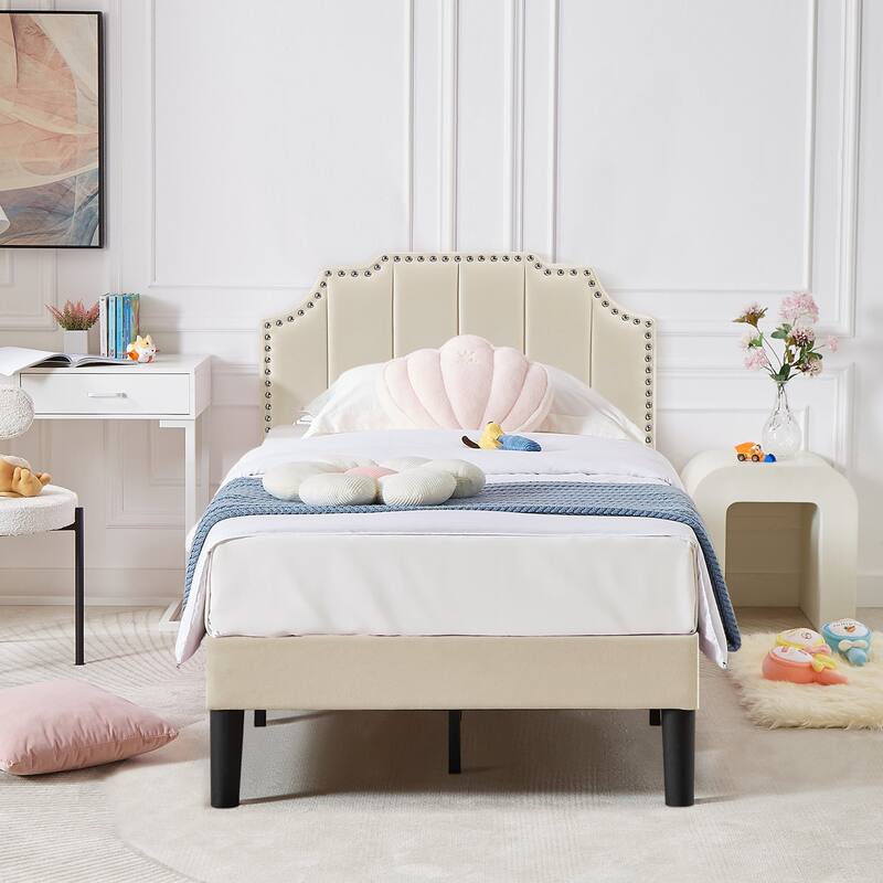 VECELO Upholstered Bed Frame with Nailhead Trim Adjustable Height Headboard, Twin/Full/Queen Size Bedframes