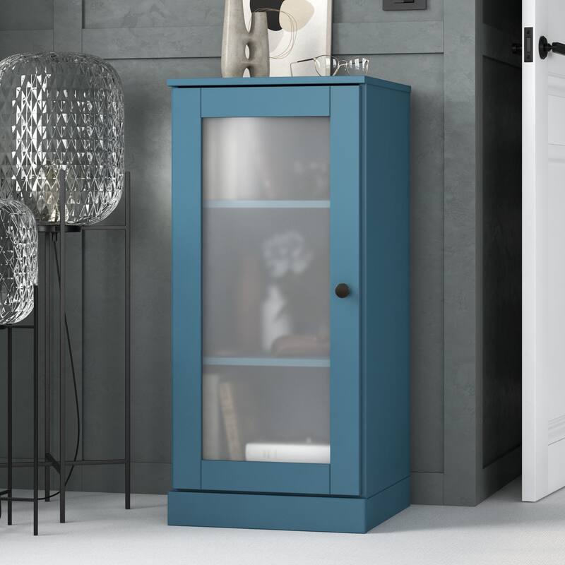 Palace Imports 100% Solid Wood 3-Shelf Bookcase with Frosted Glass Door and Adjustable Shelves - Teal Blue