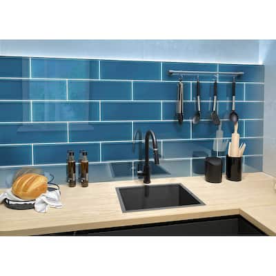 Apollo Tile 12 Pack 4-in x 16-in Blue Rectangular Subway Glossy Finished Glass Mosaic Wall Tile (5.33 sq ft/case)