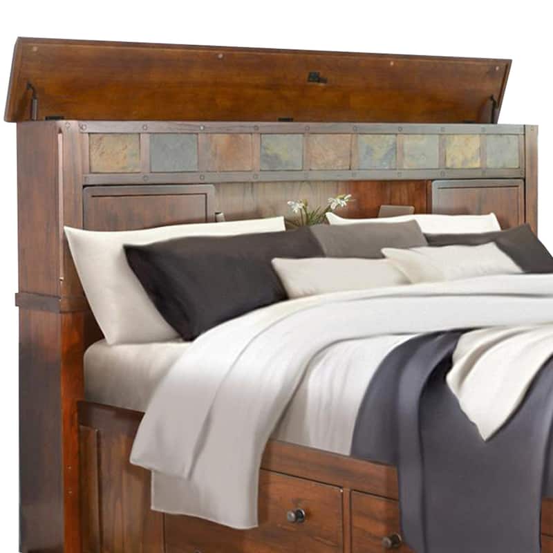 Odell Queen Size Bed w Storage Footboard, Bookcase Headboard, Brown