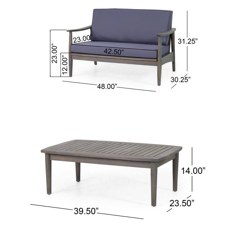 Roxy 2pc Outdoor Loveseat and Coffee Table Set, Acacia Wood, Dark Gray