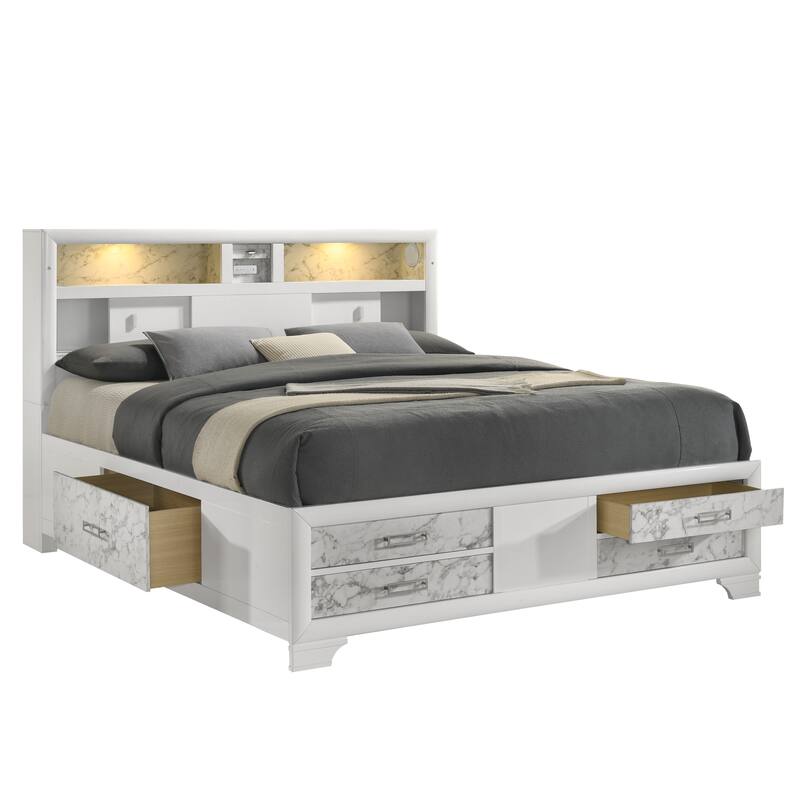 Soul Luxurious 4PC/5PC Bedroom Set - White Finish, Marble Accents, Built-in Lighting, USB-C & Bluetooth Speakers