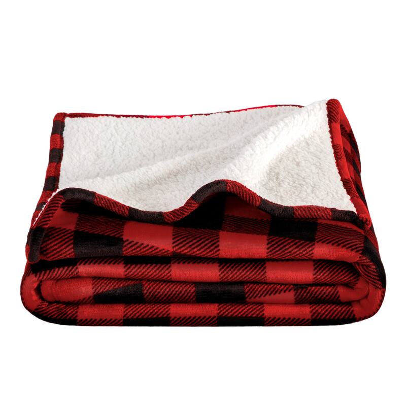 Bare Home Sherpa Fleece Blanket - Reversible Plush Bed Blanket - Full/Queen - Buffalo Plaid - Red/Black