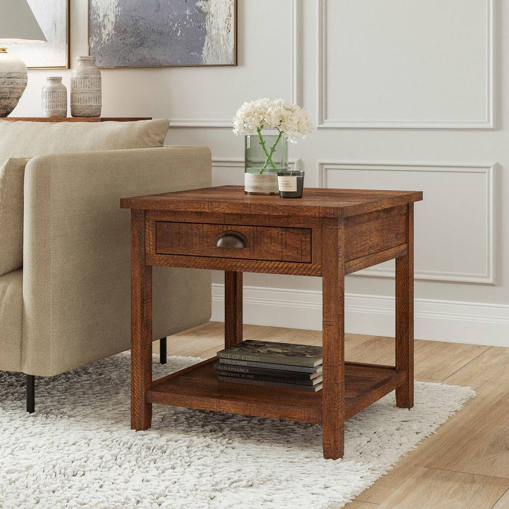 Rough Sawn Natural Wood End Table Crafted with an open design plus a natural wood-grain finish，Sofa Tables,End Tables