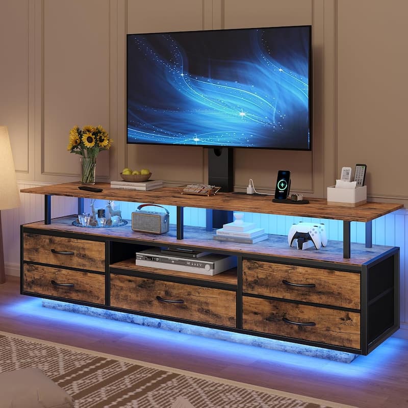 TV Stand with Mount 32/55/65/70 inch TVs Power Outlets Storage Entertainment Center - Brown