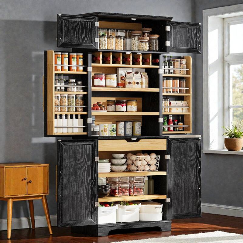 78.2" Farmhouse Kitchen Pantry Cabinet with 8 Door Shelves, Adjustable Shelves, Hidden Drawer and Wine Rack Storage