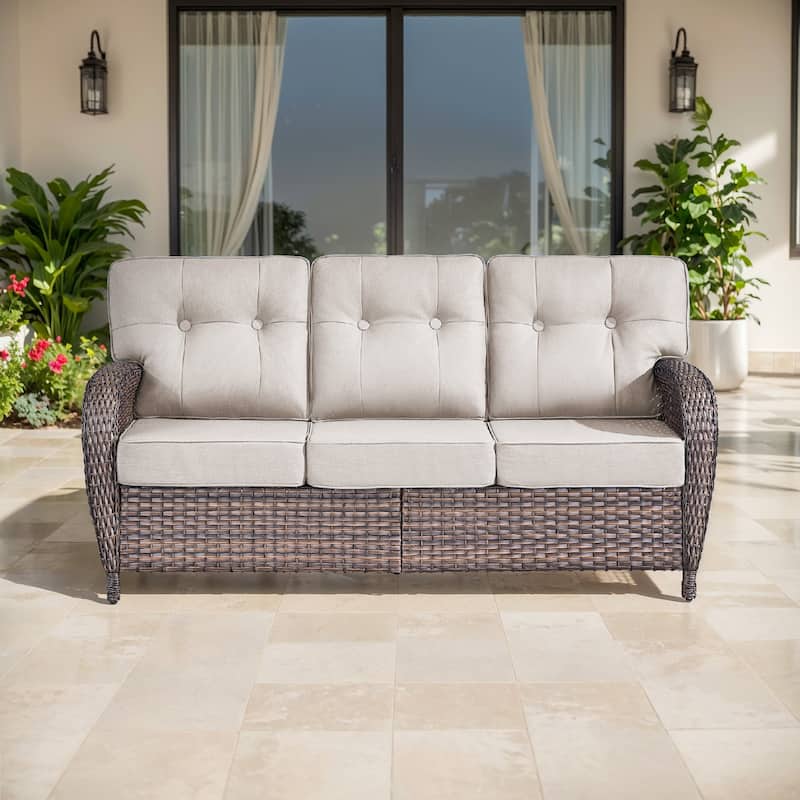 TWrap Brown Wicker Patio 3-Seat Sofa with 5-Inch Thick Cushions