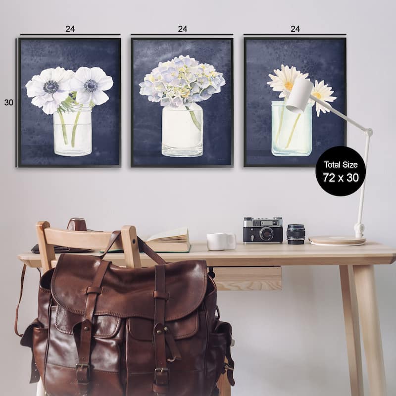 Stupell Farmhouse Flower Bouquets Navy Blue White Painting,3pc,3pc Multi Piece Framed Wall Art Set